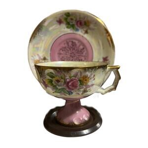 VTG Pink Roses Iridescent Shimmer Gold Edge Pedestal Tea Cup/Saucer T-1284
